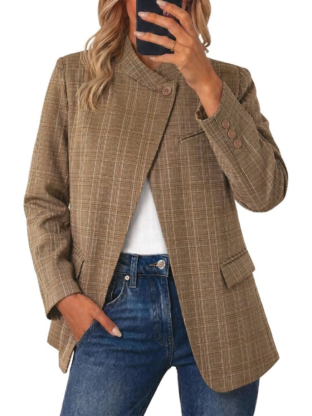 Women's Plaid Khaki Blazer Business Stand Collar Open Front Trendy Suit Jacket - Picture 1 of 6